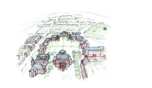 sketch of the Pope and Baum Beaux Arts campus plan featuring a domed chapel.