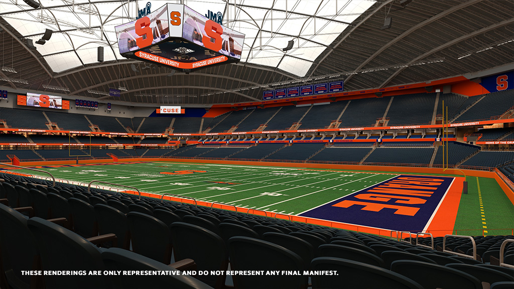 architectural rendering of renovated interior of JMA Wireless Dome during a football game with the words "These renderings are only representative and do not represent any final manifest."