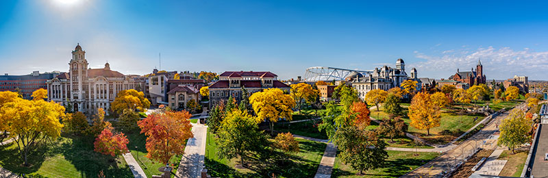 aerial view of campus in fall
